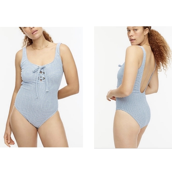 J. Crew Lace Up One Piece Swimsuit in Faded Blue Stripe NWT // Size 10 - Picture 1 of 1